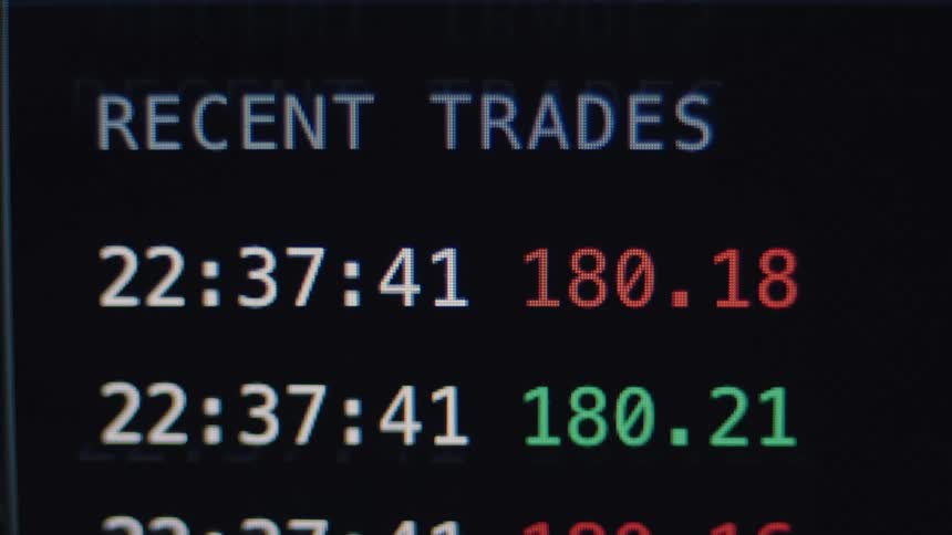 A close-up of a digital stock market ticker shows recent trades with fluctuating prices in red and green