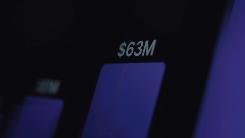 Close-up of a digital bar graph showing financial growth with increasing dollar values in millions