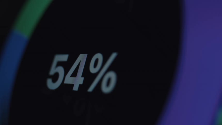 Macro shot of a digital percentage counter on a dark screen increasing with a progress bar