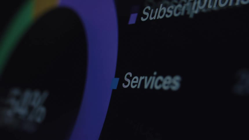 A close-up of a business analytics chart loading on a digital screen, focusing on 'Services' and 'Subscriptions'