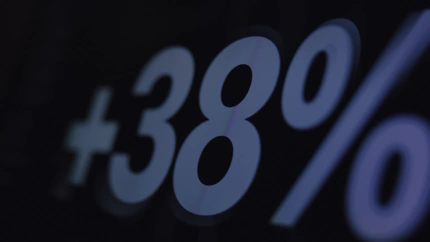 A close-up of a digital screen shows a percentage value with a plus sign rapidly increasing to thirty-eight percent
