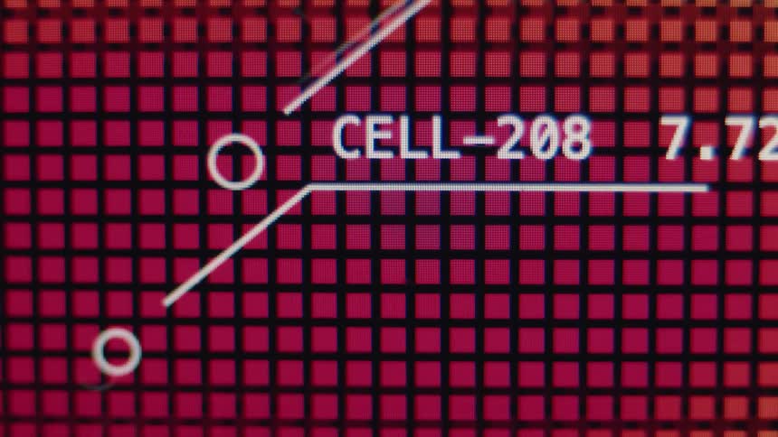 An extreme close-up of a futuristic digital display shows data labeled 'CELL-208' on a red pixelated background