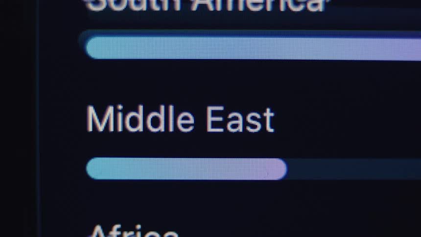 Macro shot of a digital interface showing a loading bar for the Middle East region as it processes data