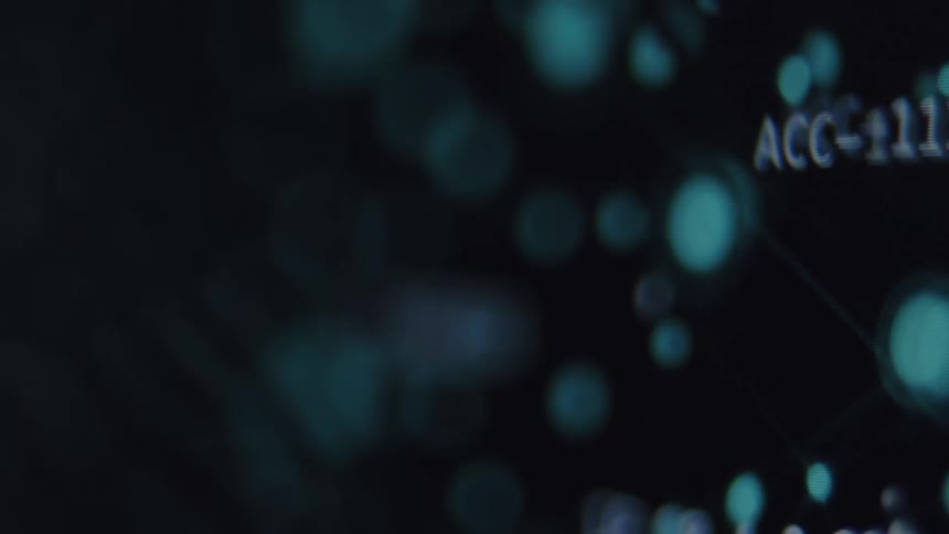 Abstract close-up of a digital network with glowing nodes and data points on a futuristic display