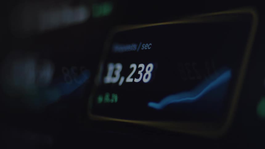 Close-up shot of a digital dashboard showing fluctuating requests per second, monitoring real-time server data traffic