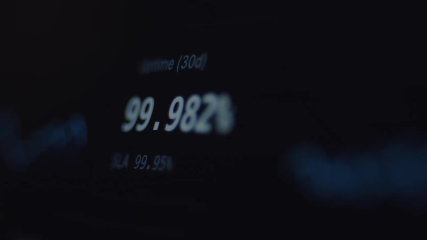 A macro shot shows a digital server uptime metric of 99.982% on a dark computer screen