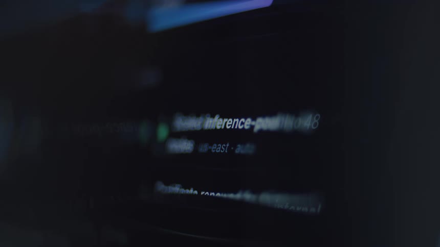 A close-up of out-of-focus computer code and server logs scrolling on a screen in a dark room