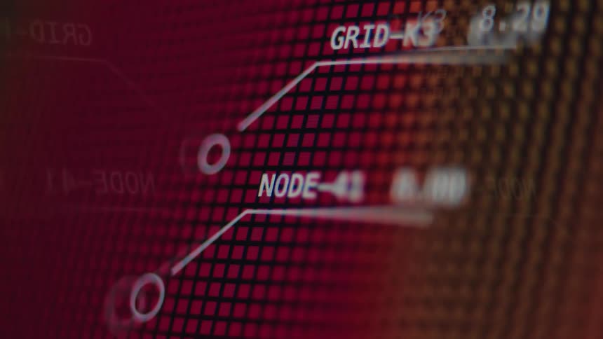 Macro shot of a futuristic digital interface showing grid and node data on a red pixelated screen