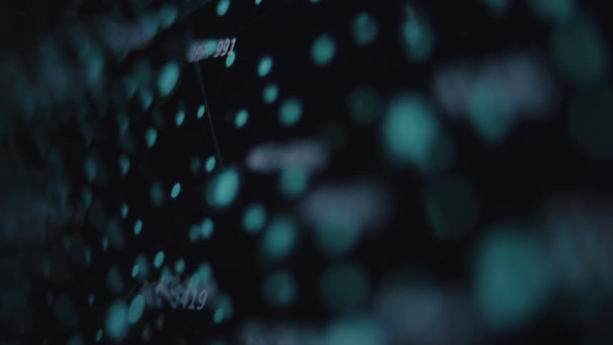 An abstract digital background shows a network of interconnected data points with alphanumeric codes and IP addresses
