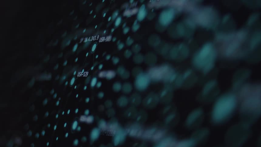 An abstract visualization of a complex digital network shows glowing nodes and IP addresses across a dark, high-tech interface