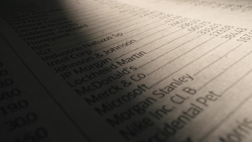 A dramatic close-up shot of the financial stock market page of a newspaper, with light scanning across the listings