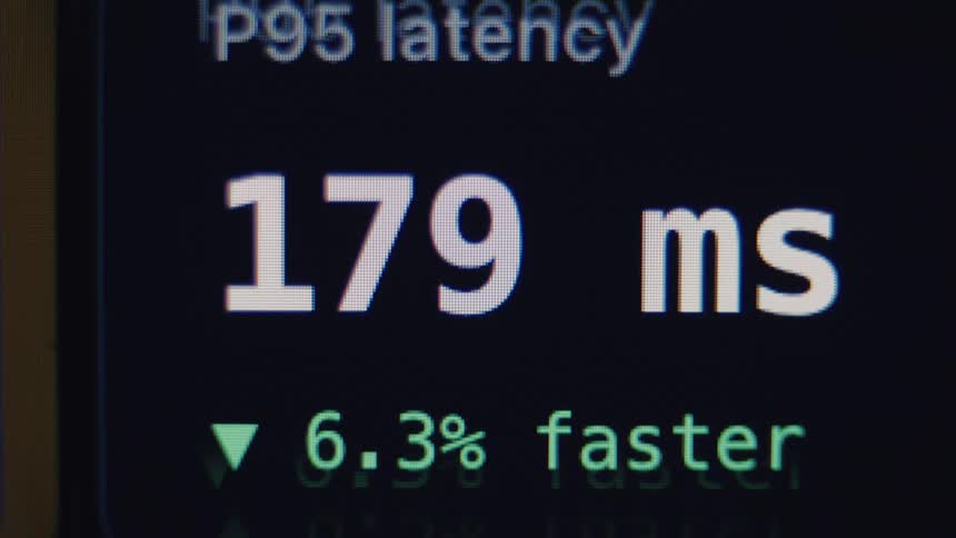 Close-up shot of a computer screen showing fluctuating P95 latency performance metrics in milliseconds