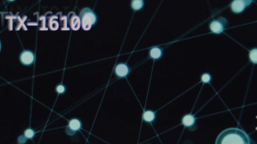 A close-up of a futuristic digital interface displays a complex network of interconnected nodes with data packets flowing between them