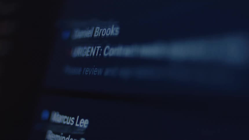 Close up of a computer screen showing an overwhelming number of emails scrolling by