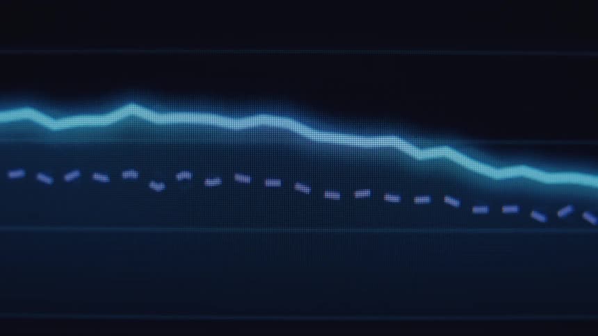 A close-up of a blue digital line graph showing fluctuating real-time data on a dark screen
