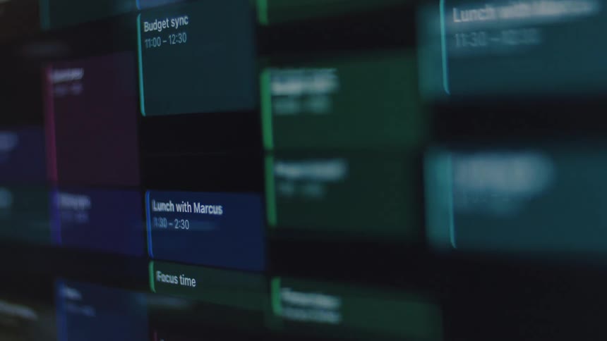 A close-up, out-of-focus shot of a digital calendar slowly coming into focus to reveal a busy schedule of appointments and meetings
