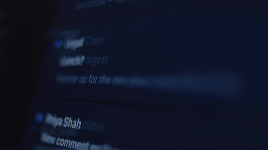 An overwhelming blur of digital notifications and emails quickly scroll on a screen in the dark