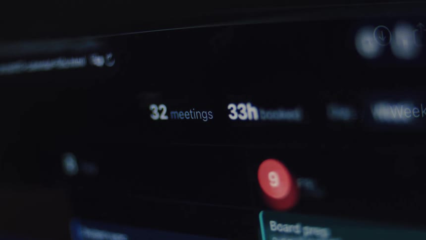 A close-up of a digital calendar where the number of meetings and booked hours rapidly increases, symbolizing a busy and overwhelming work schedule