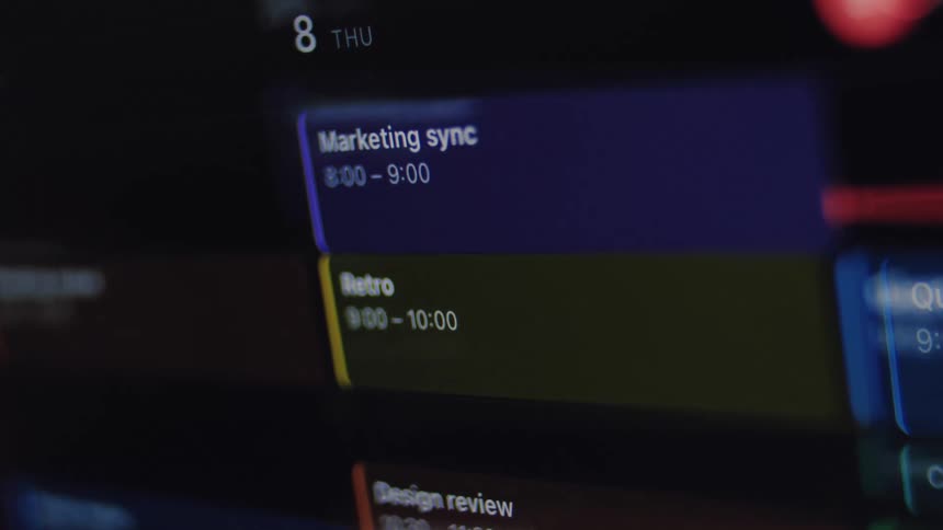 A close-up view of a digital calendar filling up with a busy schedule of work meetings and tasks