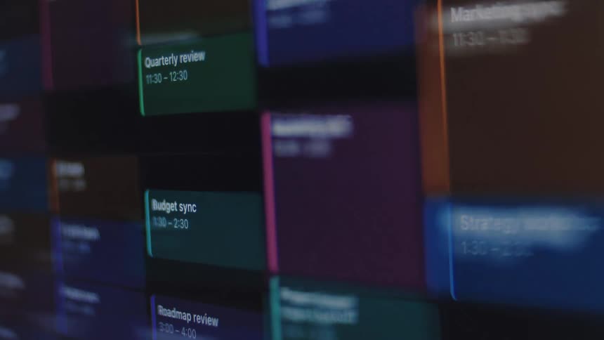 A close-up, angled view of a digital calendar reveals a busy schedule with various meetings and appointments