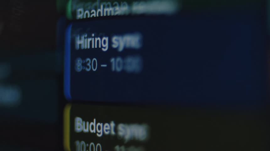 A close-up shot of a digital calendar on a screen reveals a busy schedule with corporate meetings