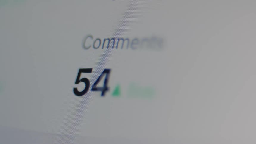 A macro shot shows a live social media comment counter rapidly increasing on a digital screen