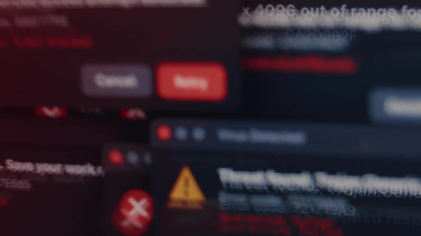 A chaotic montage of computer error messages, security alerts, and pop-ups culminates in a critical system failure screen