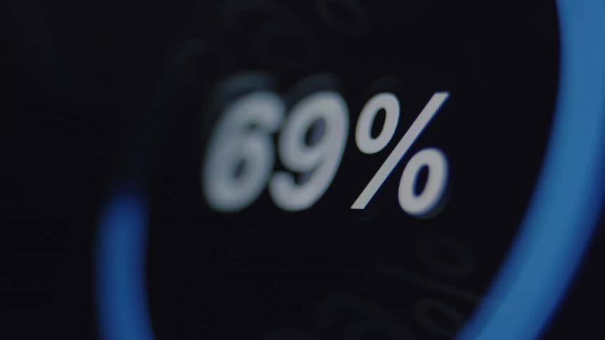 A digital counter rapidly increases from 1 to 99 percent, followed by a blue circle completing and a checkmark appearing to signify completion