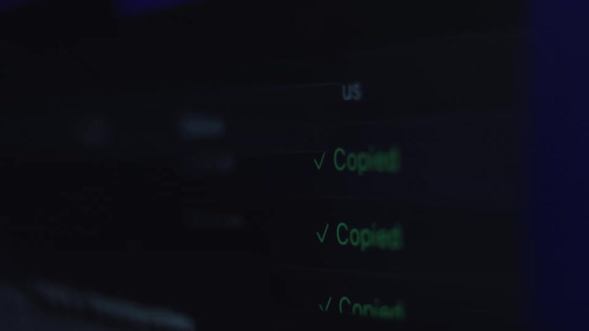 A close-up, slow-motion shot of a computer screen shows files being copied, with a green checkmark and the word 'Copied' appearing as each transfer completes