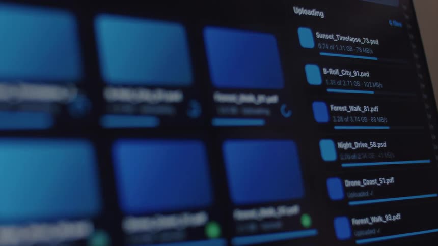 Close-up shot of a computer screen showing the progress of multiple files being uploaded to a cloud service