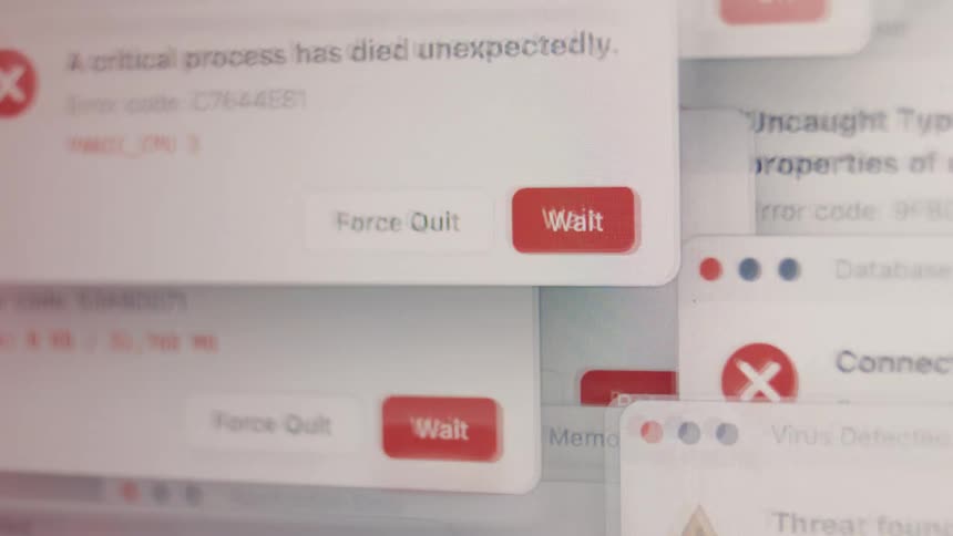 A digital avalanche of system error messages and pop-up alerts overwhelm a computer screen, culminating in a fatal red crash screen