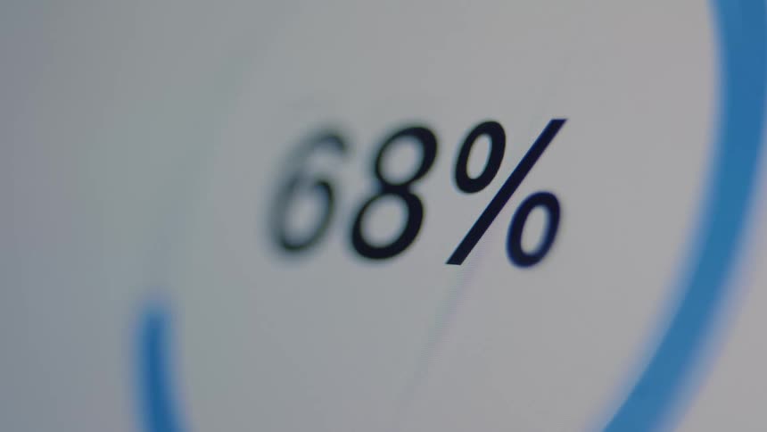 Macro shot of a loading progress bar with a percentage counter that reaches completion and shows a success checkmark