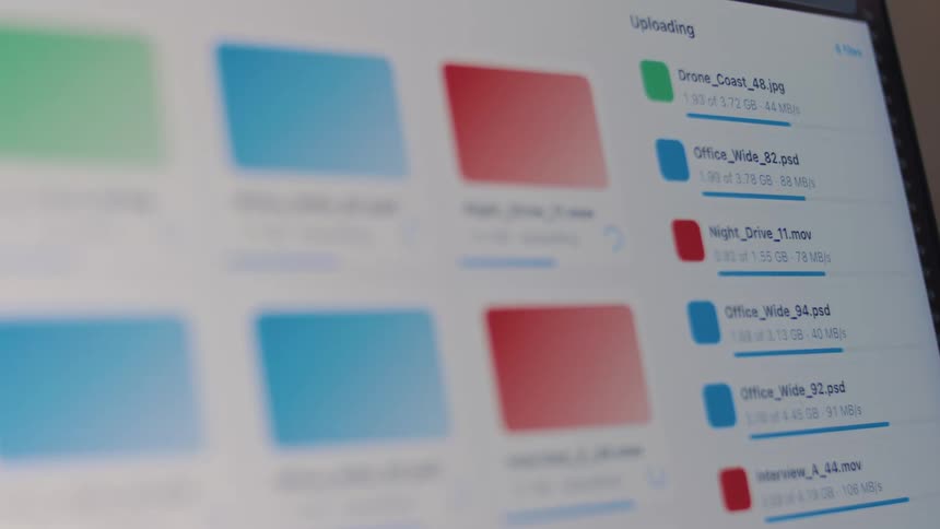 A close-up of a computer screen shows the progress of various digital files being uploaded to an online cloud storage service