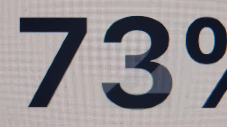 A digital percentage counter on a screen rapidly increases to 99%, followed by a blue checkmark indicating completion