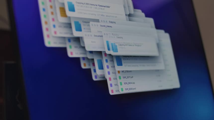 A dynamic, abstract animation shows a computer multitasking with numerous simultaneous data transfer and extraction processes