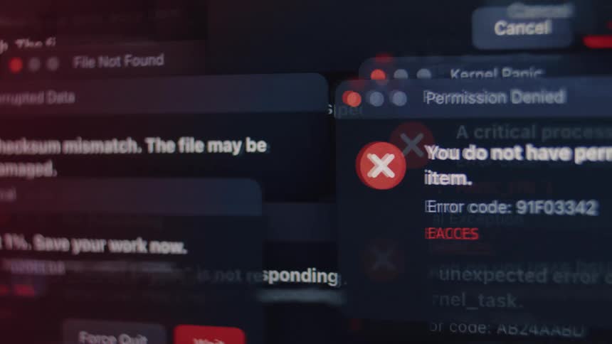 A chaotic montage of various critical system error messages, security alerts, and failure notifications rapidly appearing on a computer screen, simulating a catastrophic crash or virus attack