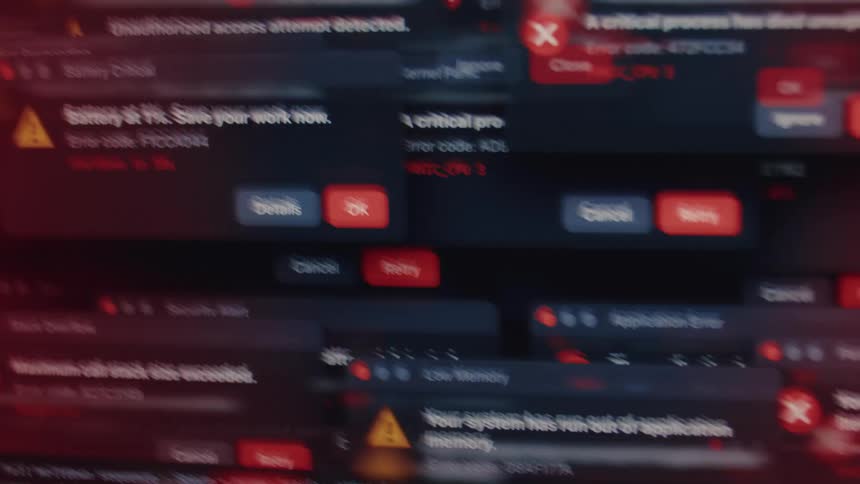 A computer screen is overwhelmed by a cascade of system error messages and warnings, symbolizing a critical failure or cyber attack
