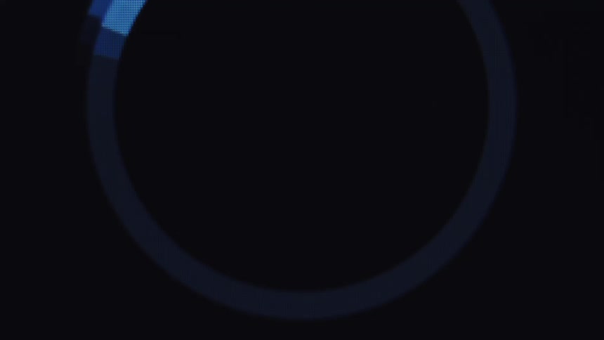 A blue loading circle progress bar completes its cycle and transforms into a checkmark icon on a dark screen