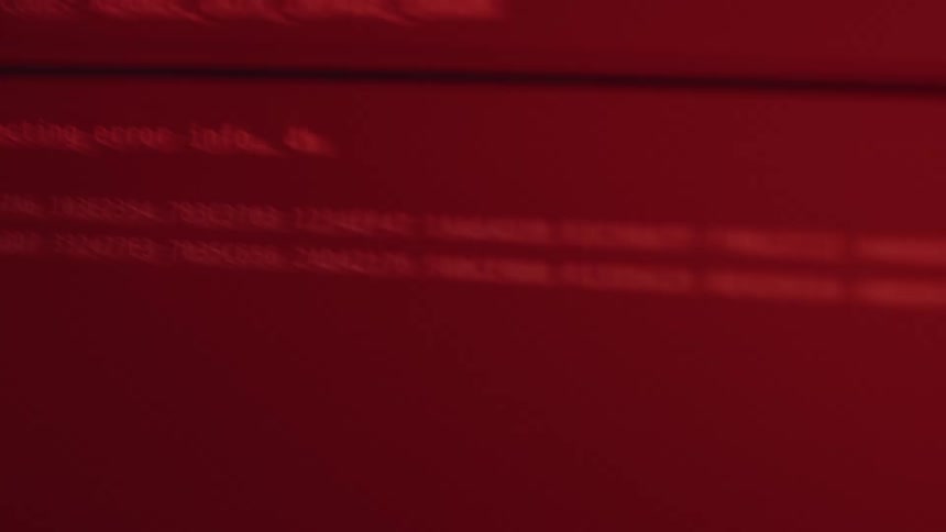 Chaotic montage of computer error messages and system failure pop-ups leading to a red screen of death