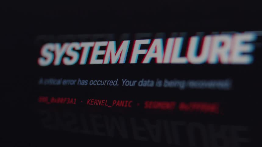 System failure and kernel panic error message appears on a computer screen with heavy glitch and distortion effects