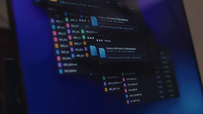 Close-up time-lapse of a computer screen showing multiple simultaneous file copying and data extraction processes