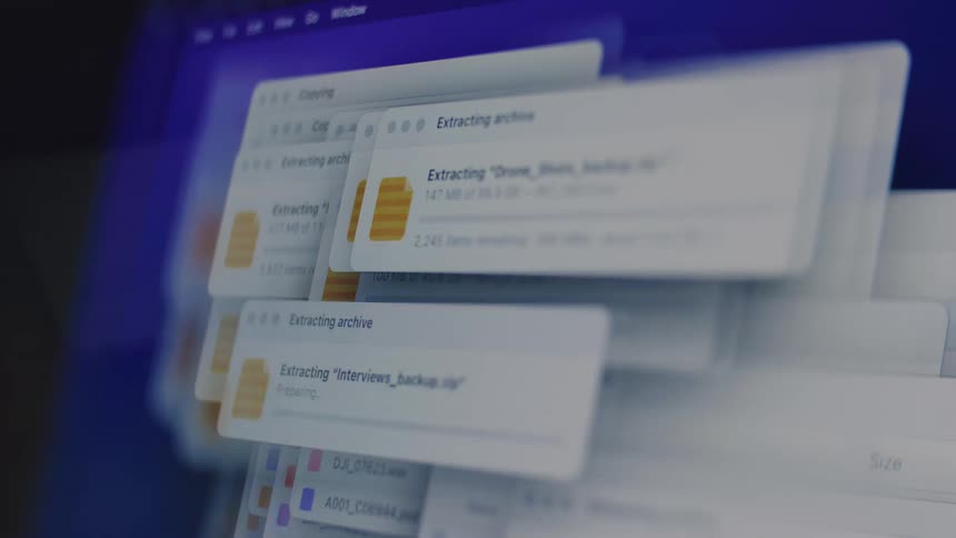 An abstract visual of countless file copying and archive extraction windows rapidly processing on a computer screen, representing data overload