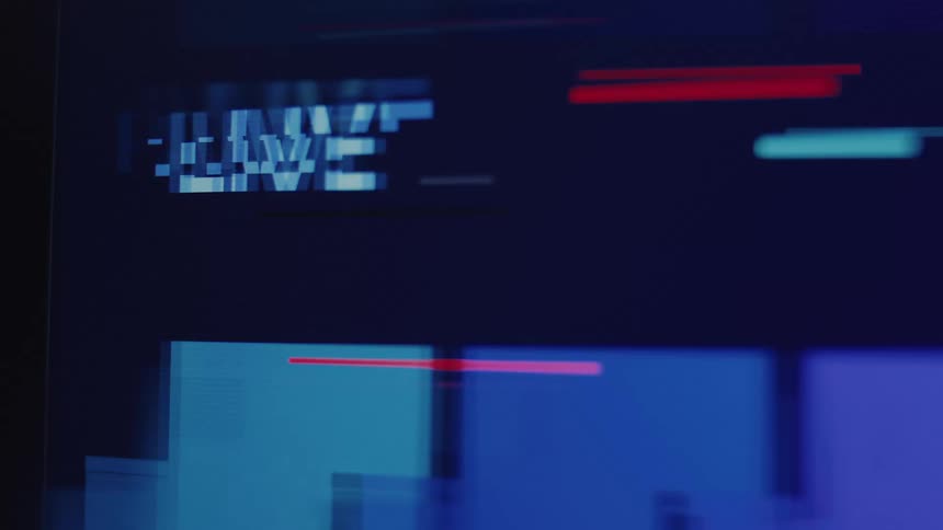 A television screen showing a 'LIVE' broadcast sign glitches and distorts with digital noise and pixelation, representing a lost signal