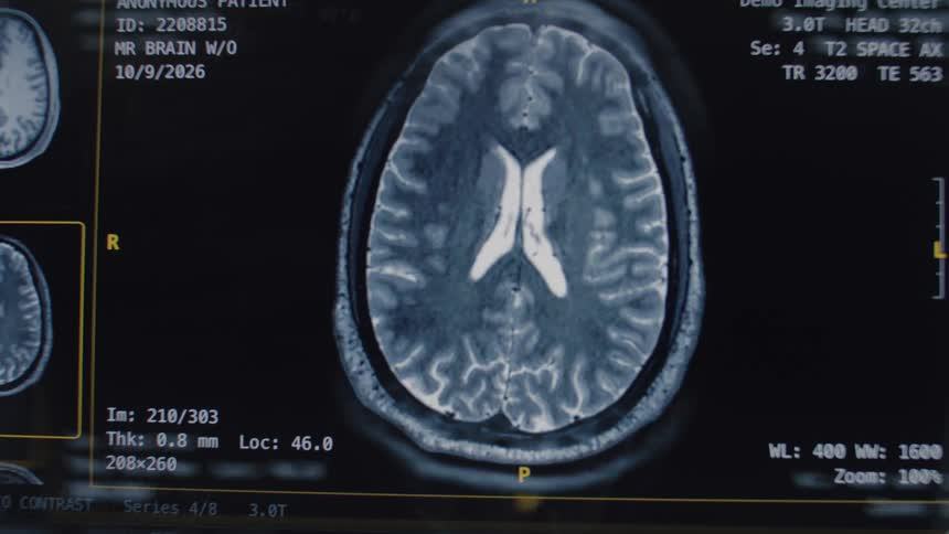 An animated MRI brain scan reveals detailed cross-sections on a medical imaging monitor