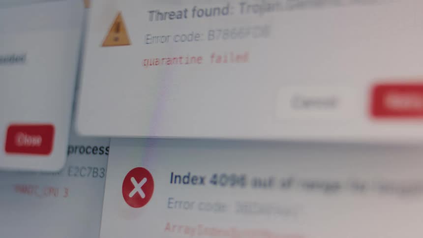 A fast-paced sequence of system failure notifications, error messages, and critical warnings on a computer monitor