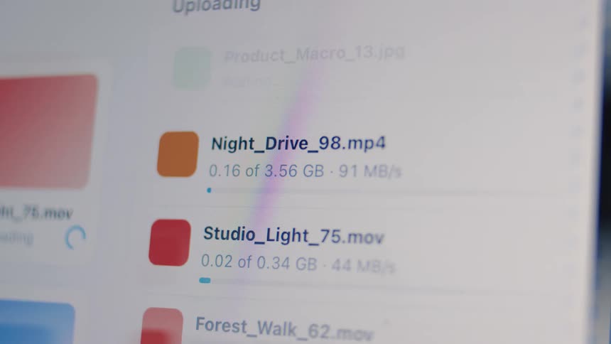 Close-up of a digital screen showing a list of various file types being uploaded to cloud storage with progress bars and transfer speeds