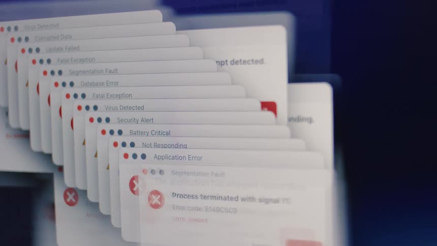 A cascade of computer system errors, security alerts, and warning notifications rapidly floods the screen