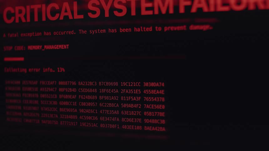 A dramatic animation shows a computer screen overwhelmed by countless system errors, virus alerts, and warnings, culminating in a critical system failure