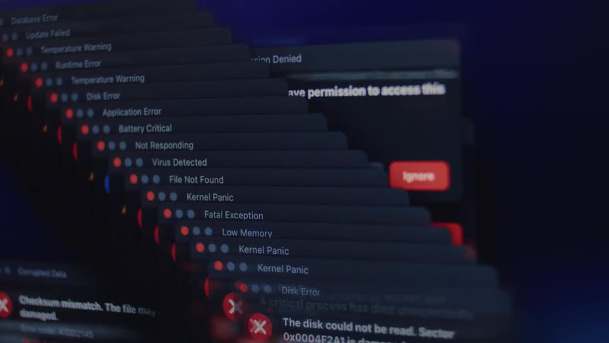 A cascade of system error messages, critical alerts, and warnings flood a computer screen, simulating a catastrophic system failure or virus infection