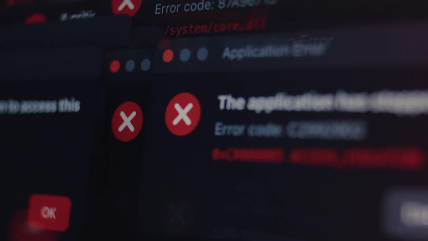 Multiple overlapping system error messages, virus alerts, and critical warnings pop up on a computer screen, simulating a system crash